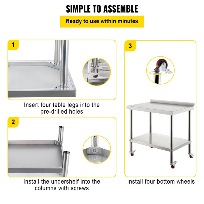 Stainless Steel Work Prep Table 76.2x61 cm Kitchen Work Table with 4 Casters
