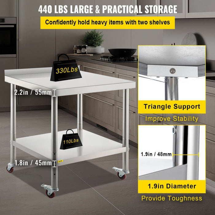 Stainless Steel Work Prep Table 76.2x61 cm Kitchen Work Table with 4 Casters