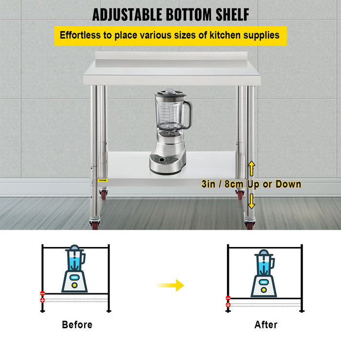 Stainless Steel Work Prep Table 76.2x61 cm Kitchen Work Table with 4 Casters