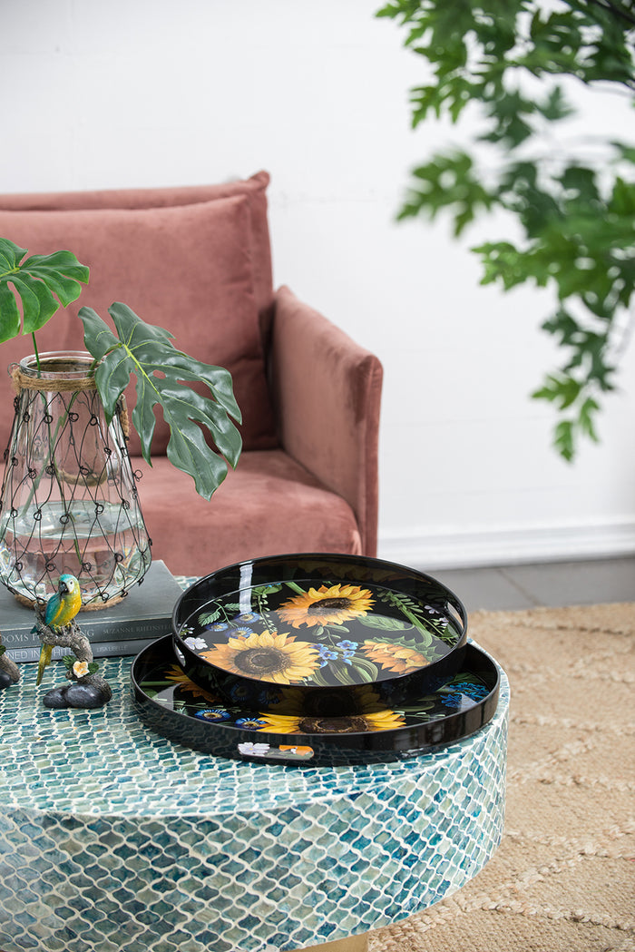 Sunflower Decorative Round Trays Set of 2 Nesting Plastic Table Decor