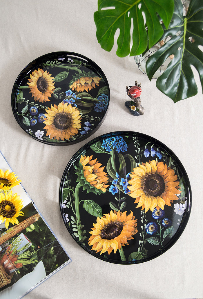 Sunflower Decorative Round Trays Set of 2 Nesting Plastic Table Decor