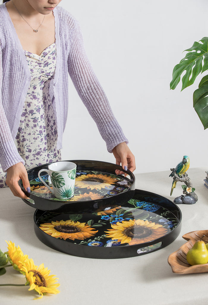 Sunflower Decorative Round Trays Set of 2 Nesting Plastic Table Decor