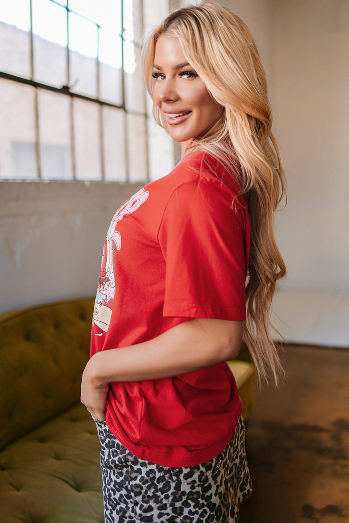 Tomato Red Cowboy Take Me Away Graphic Western Loose Tee Top