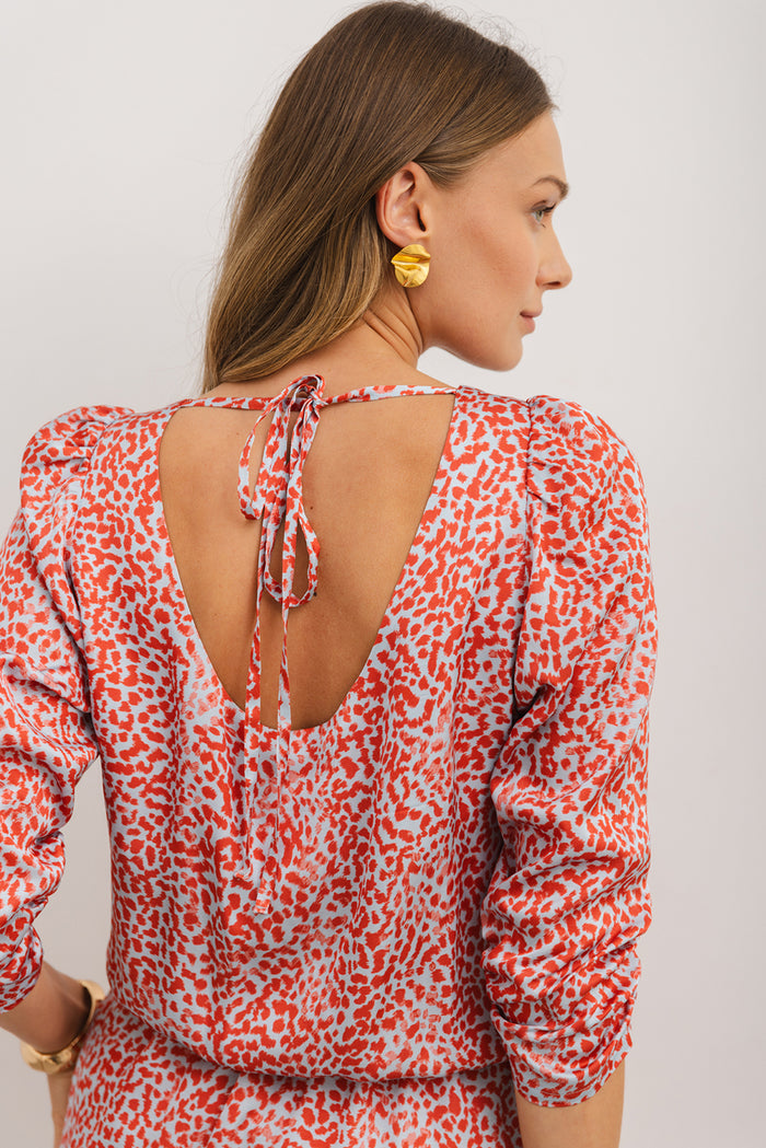 Tomato Red Leopard Print Mini Dress Long Sleeve Hollow Back Split Party Dress