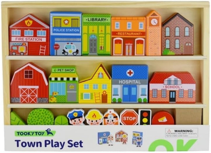 Tooky Toy Town Play Set in Wooden Case – Wooden Town Building and Figurines Pretend Play City Set