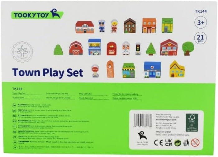 Tooky Toy Town Play Set in Wooden Case – Wooden Town Building and Figurines Pretend Play City Set