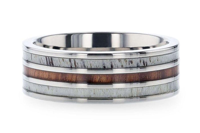 TRIPOLI WOOD INLAID TITANIUM FLAT POLISHED FINISH MEN'S WEDDING RING WITH WHITE DOUBLE DEER ANTLER EDGES - 8MM