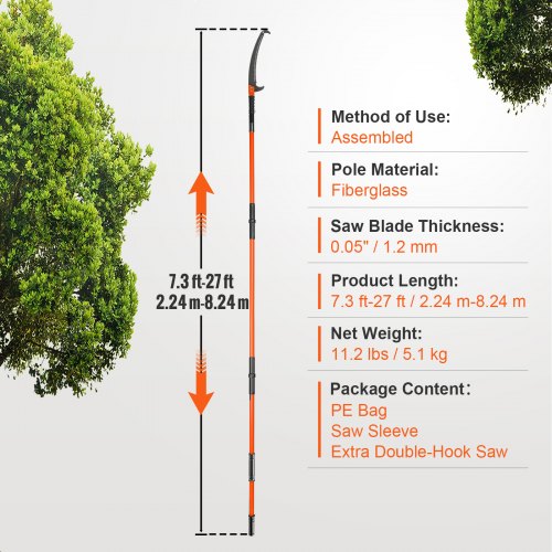 VEVOR Manual Pole Saw Extendable 2.24-8.24 m Lightweight Fiberglass Handles