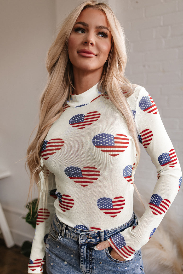 White Americana Glitter Mesh Long Sleeve Women’s Bodysuit