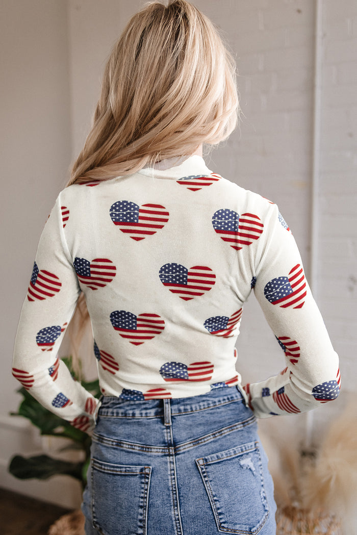 White Americana Glitter Mesh Long Sleeve Women’s Bodysuit