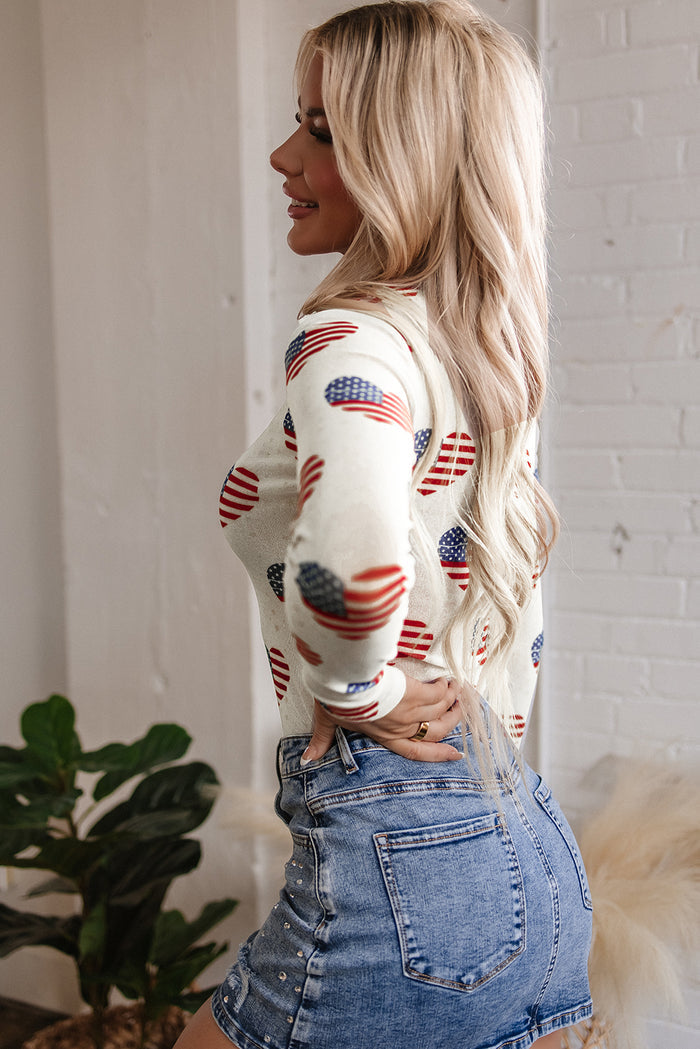 White Americana Glitter Mesh Long Sleeve Women’s Bodysuit