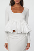 White Bubble Hem Long Sleeve U-Neck Top