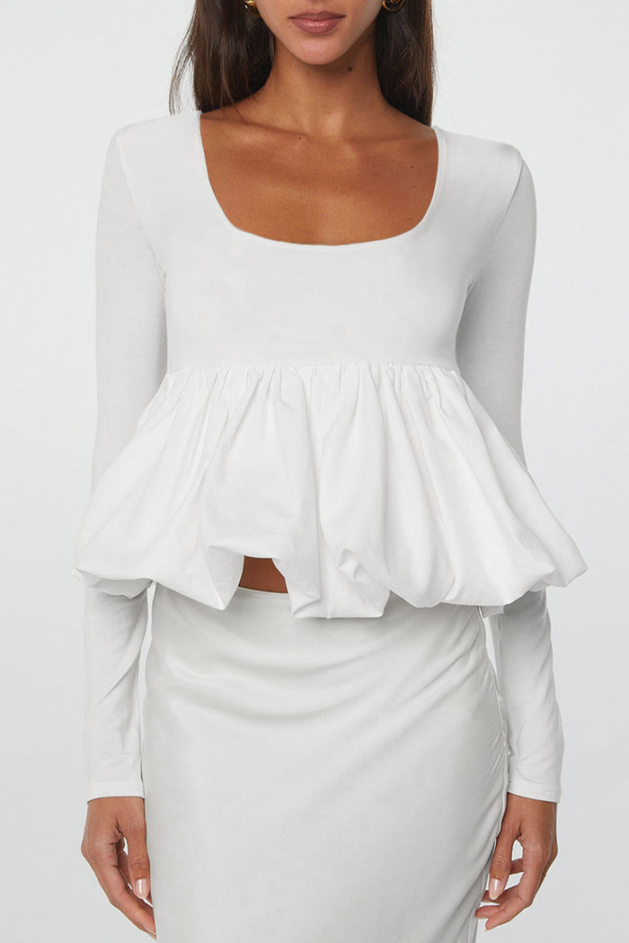 White Bubble Hem Long Sleeve U-Neck Top