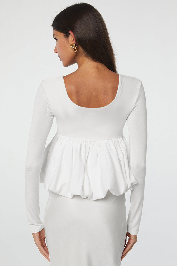 White Bubble Hem Long Sleeve U-Neck Top