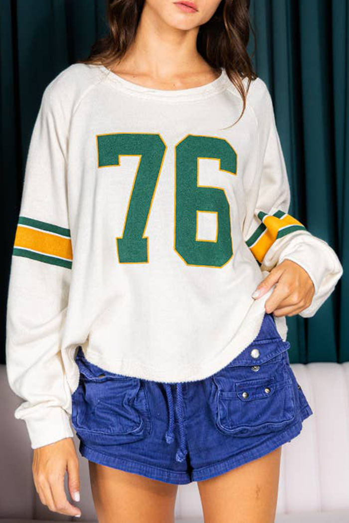 White Retro Sporty Long Sleeve Top with Number 76 Print