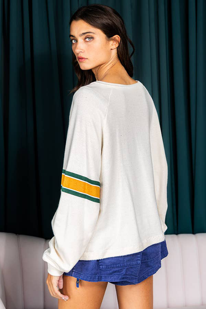 White Retro Sporty Long Sleeve Top with Number 76 Print
