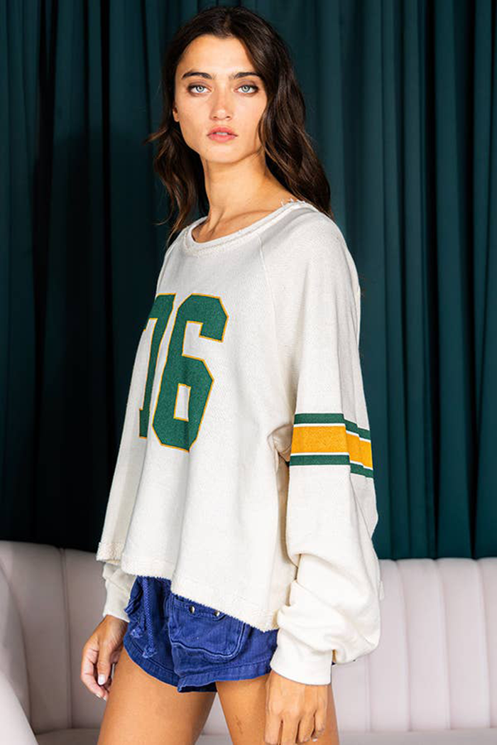White Retro Sporty Long Sleeve Top with Number 76 Print
