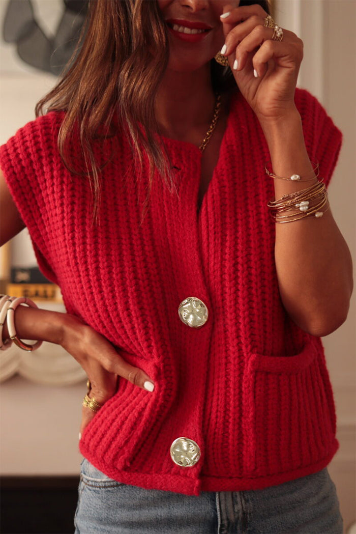 White Solid Textured Knit Sweater Vest with Side Pockets and Buttons
