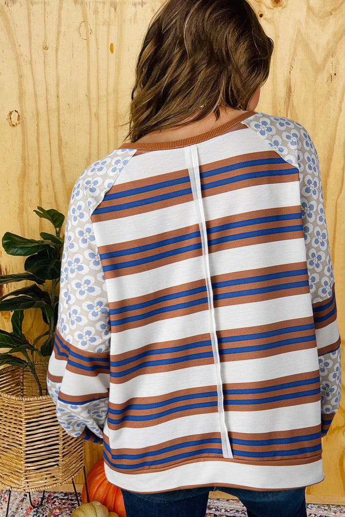 White Striped Floral Patchwork Lantern Sleeve Casual Top
