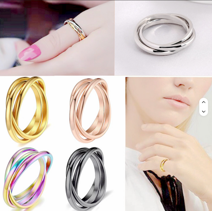 Willow + Wren Everly Interlocking Ring shown in silver, gold, rose gold, rainbow, and black finishes