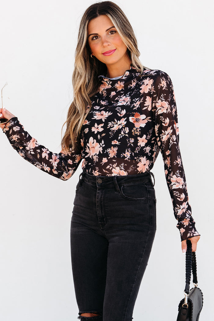 Women’s Black Floral Mesh Mock Neck Slim Fit Long Sleeve Top