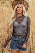Women’s Black Western Rodeo Print Mock Neck Long Sleeve Mesh Top