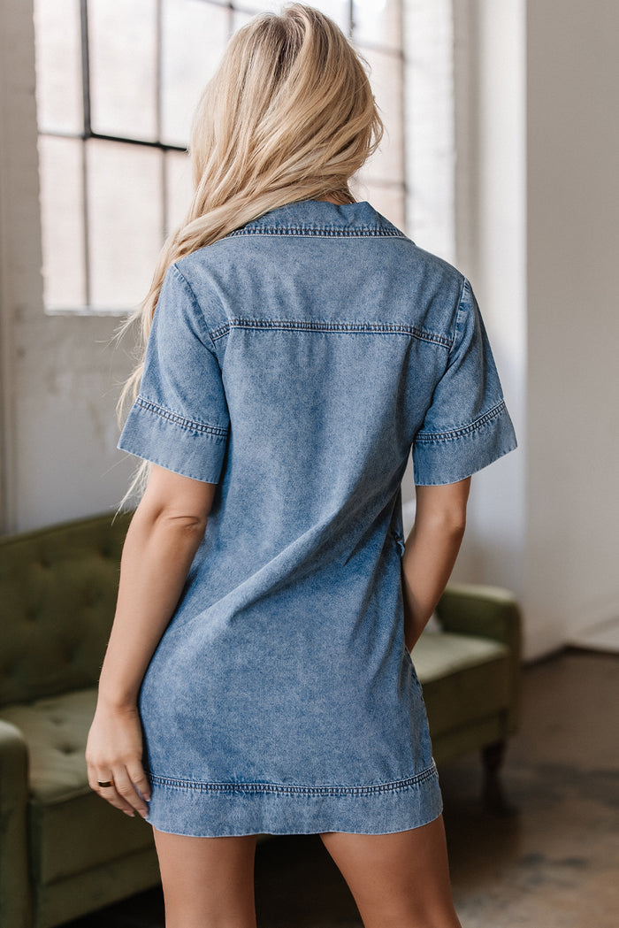 Women’s Blue Short Sleeve Collared Denim Mini Dress with Patched Pocket