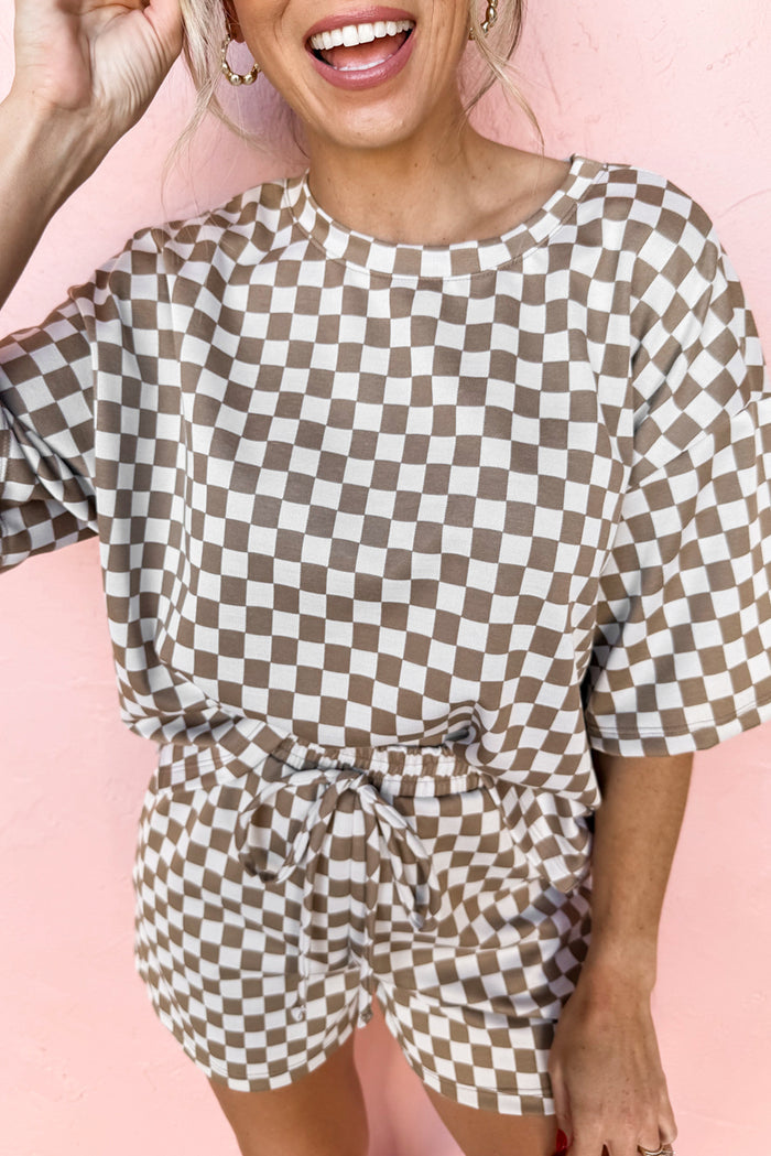 Women’s Brown Checkered Top and Shorts Casual 2 Piece Set