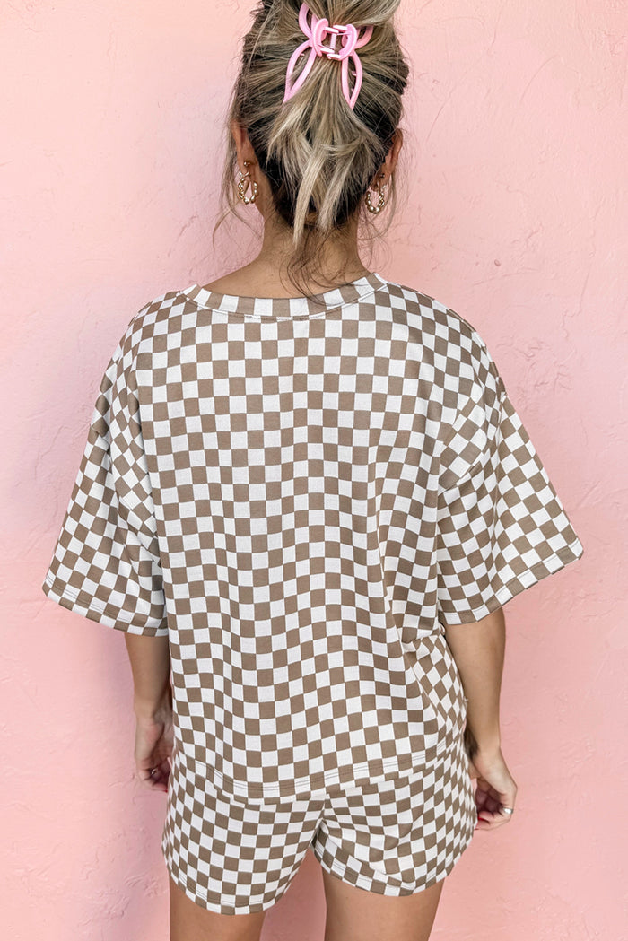 Women’s Brown Checkered Top and Shorts Casual 2 Piece Set