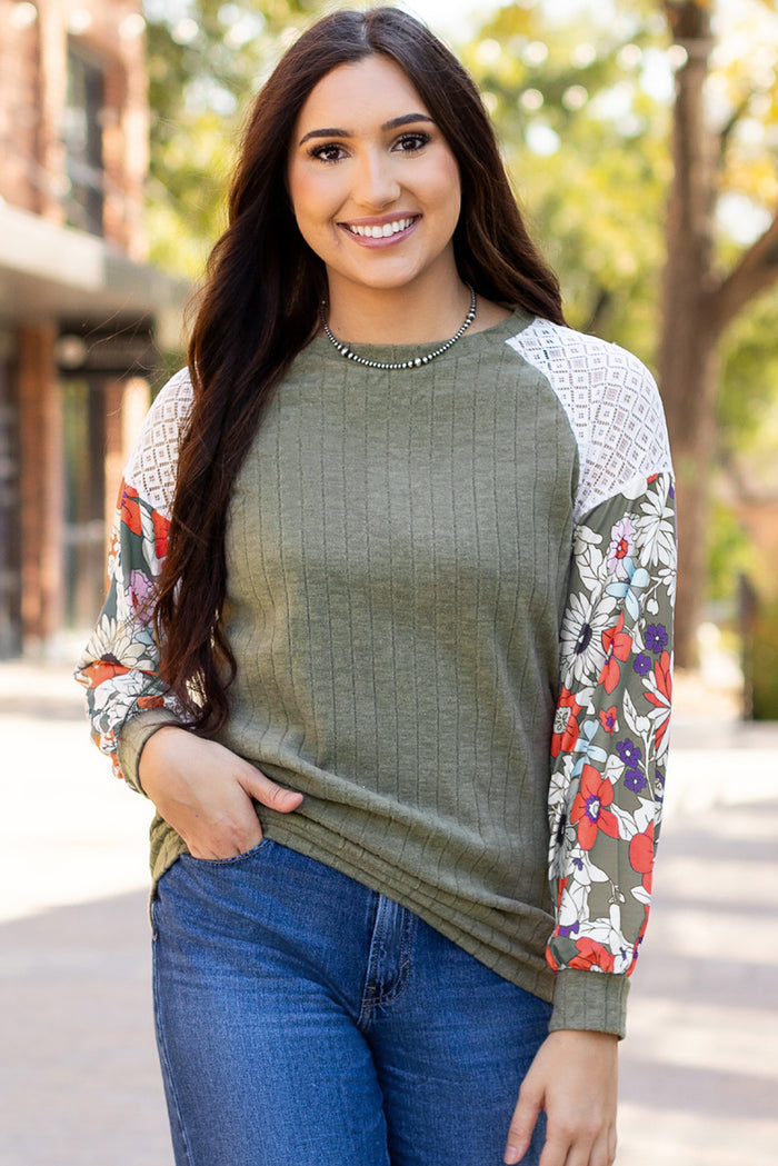 Women’s Laurel Green Floral Patchwork Ribbed Blouse with Long Sleeves