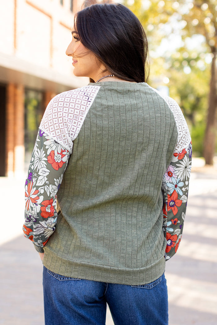 Women’s Laurel Green Floral Patchwork Ribbed Blouse with Long Sleeves