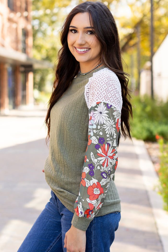 Women’s Laurel Green Floral Patchwork Ribbed Blouse with Long Sleeves