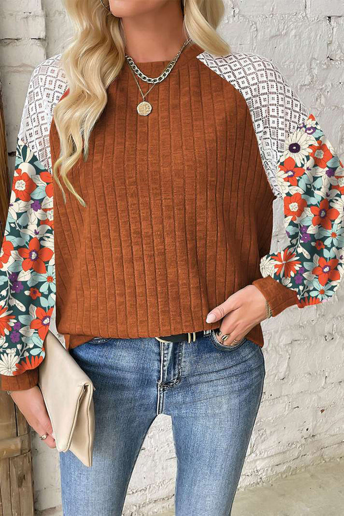Women’s Laurel Green Floral Patchwork Ribbed Blouse with Long Sleeves