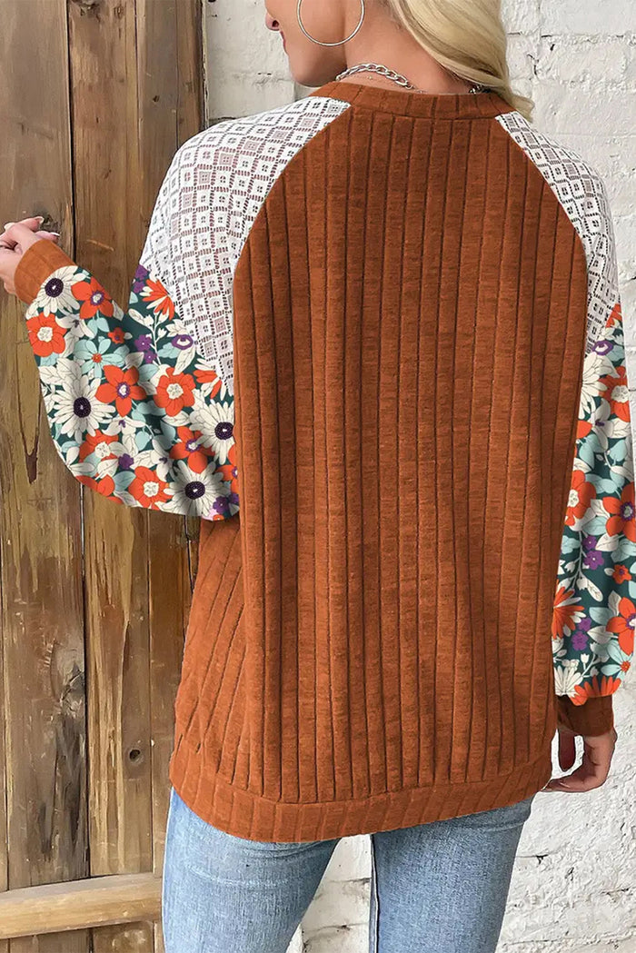 Women’s Laurel Green Floral Patchwork Ribbed Blouse with Long Sleeves