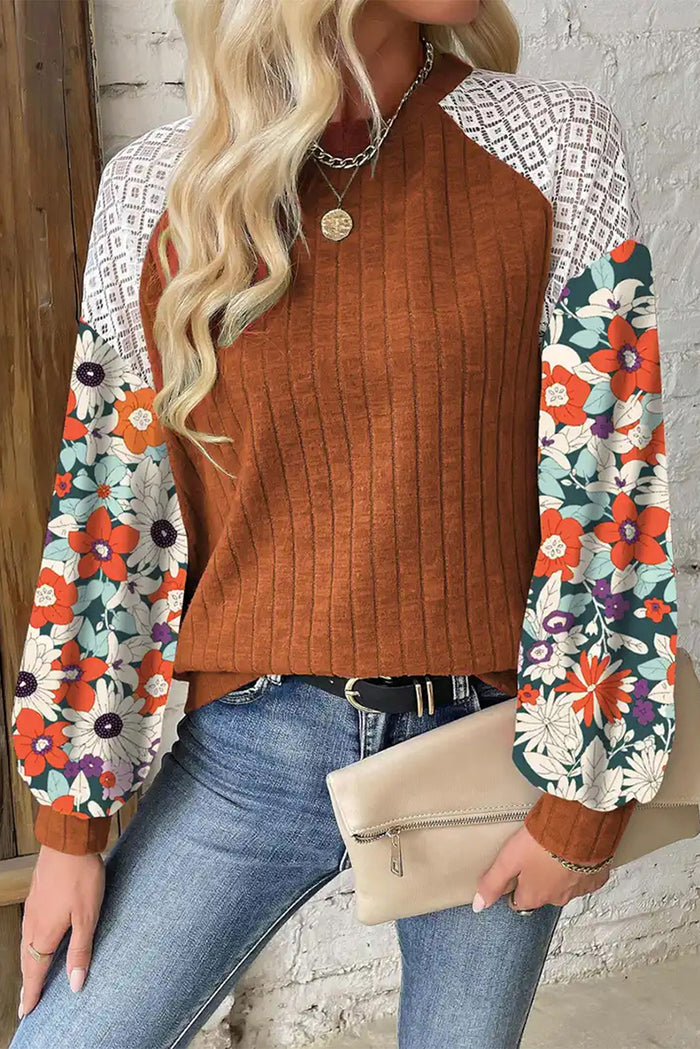 Women’s Laurel Green Floral Patchwork Ribbed Blouse with Long Sleeves