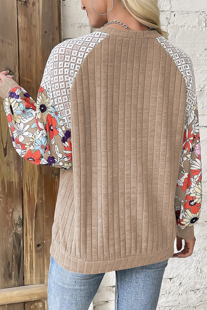 Women’s Laurel Green Floral Patchwork Ribbed Blouse with Long Sleeves
