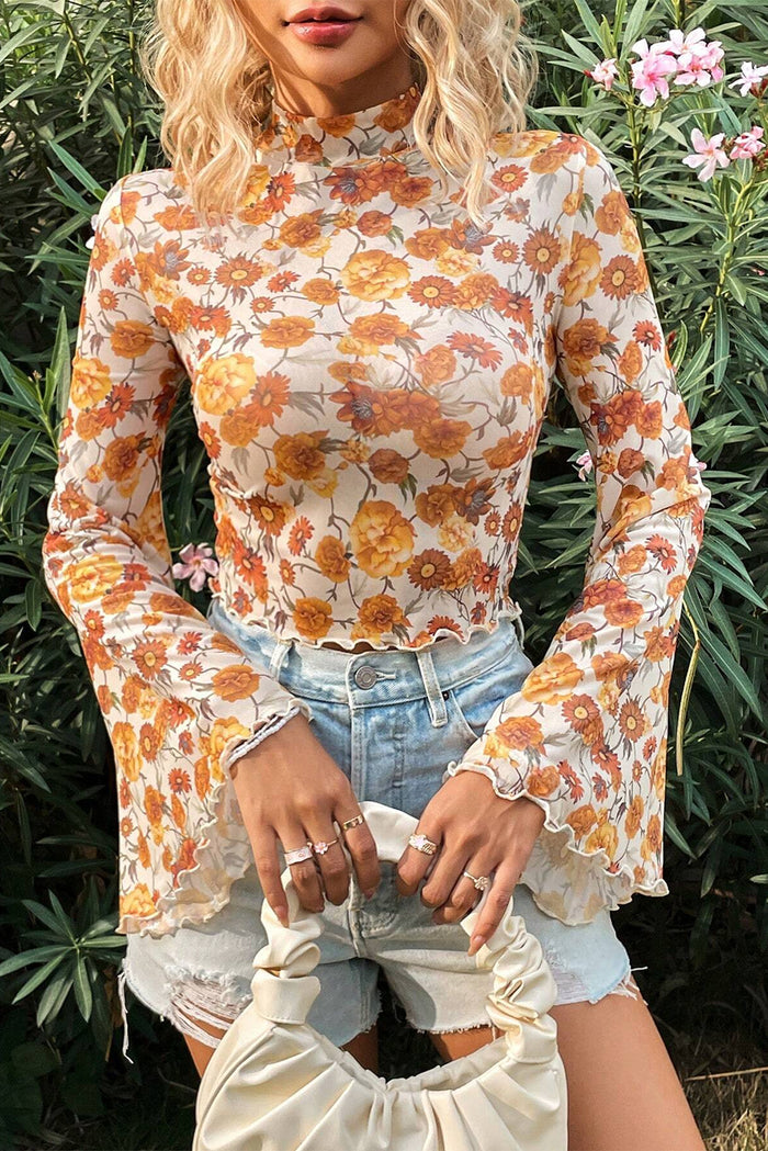 Women’s Orange Floral Blouse with Bell Sleeves, Mock Neck, and Scalloped Trim