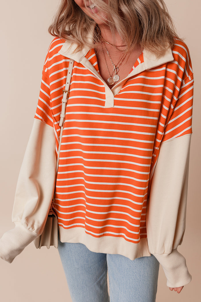Women’s Orange Stripe Colour Block Loose Fit Collared Drop Shoulder Sweatshirt