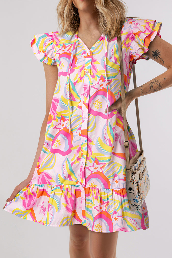 Women’s Pink Abstract Floral Dress with Ruffle Trim Flutter Sleeves and Buttons