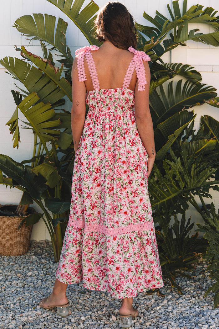 Women’s Pink Floral Lace Maxi Dress with Tied Straps and Empire Waist