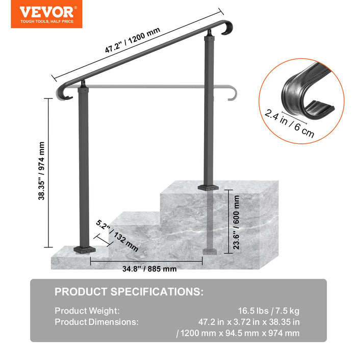 Wrought Iron Handrail Stair Railing Adjustable Fit 2 Steps