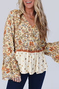 Yellow Floral Print Bell Sleeve V Neck Wrap Contrast Peplum Blouse