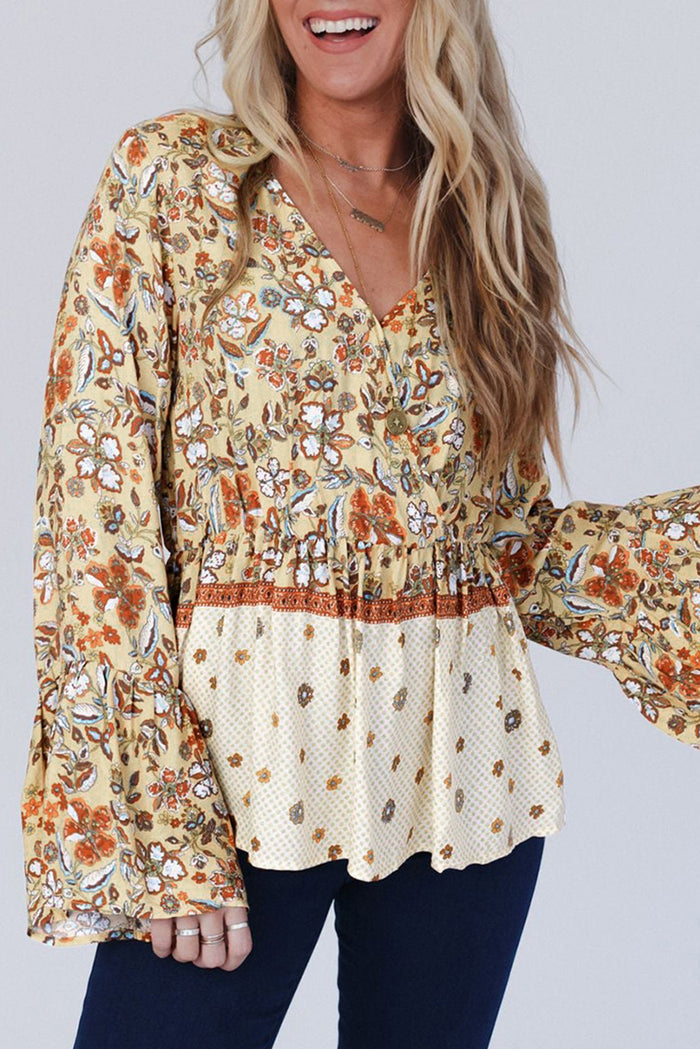 Yellow Floral Print Bell Sleeve V Neck Wrap Contrast Peplum Blouse