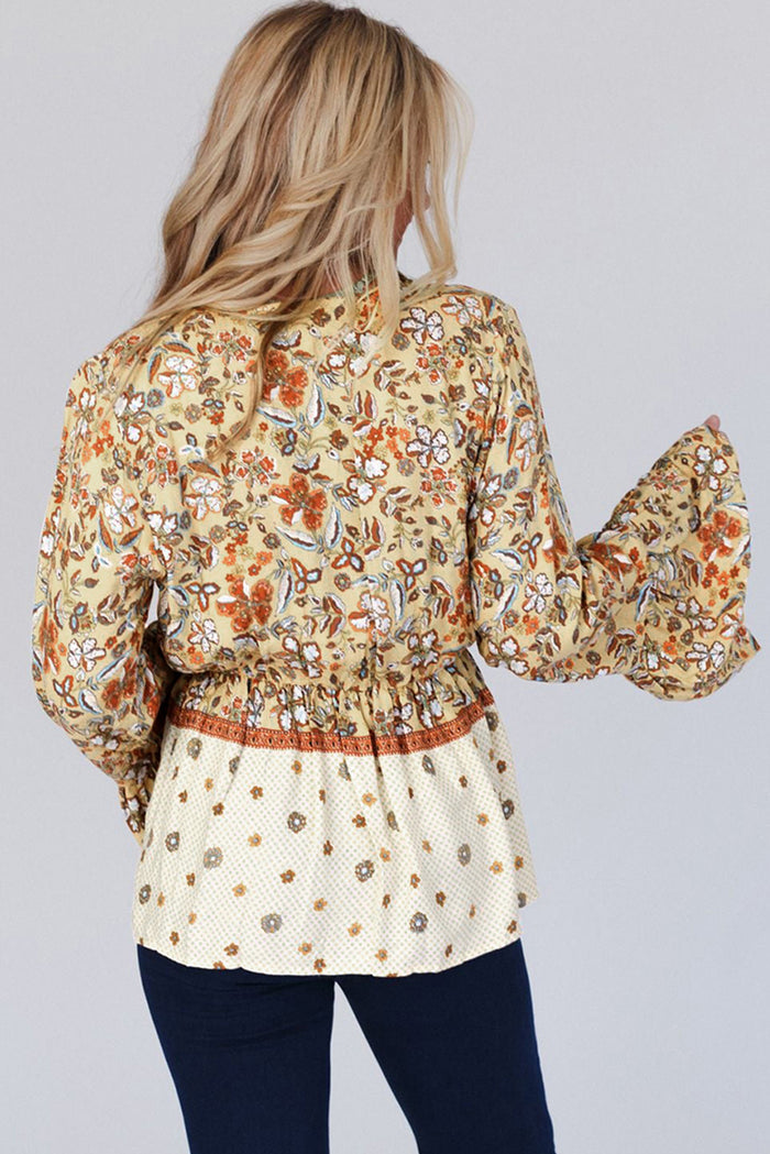 Yellow Floral Print Bell Sleeve V Neck Wrap Contrast Peplum Blouse